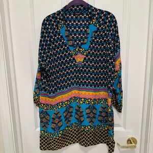 Tolani Silk Tunic Top Blouse Women’s, size L, V-Neck Black Teal Gold Floral Boho